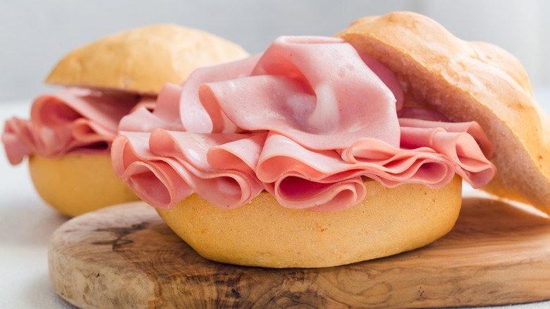 close up shot of a Bologna sandwich 