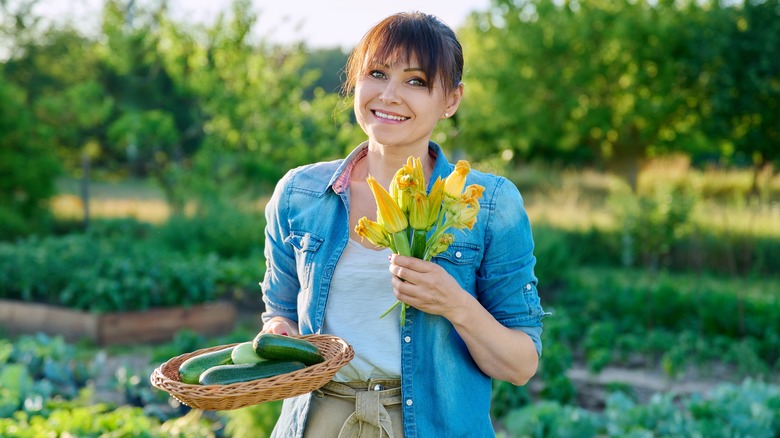 farmer holding freshly picked zucchini