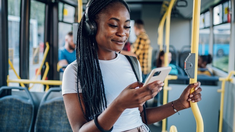 lady listening on headphones