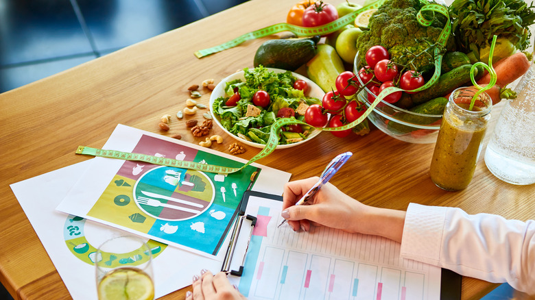 a woman with a notebook calculating her daily food needs