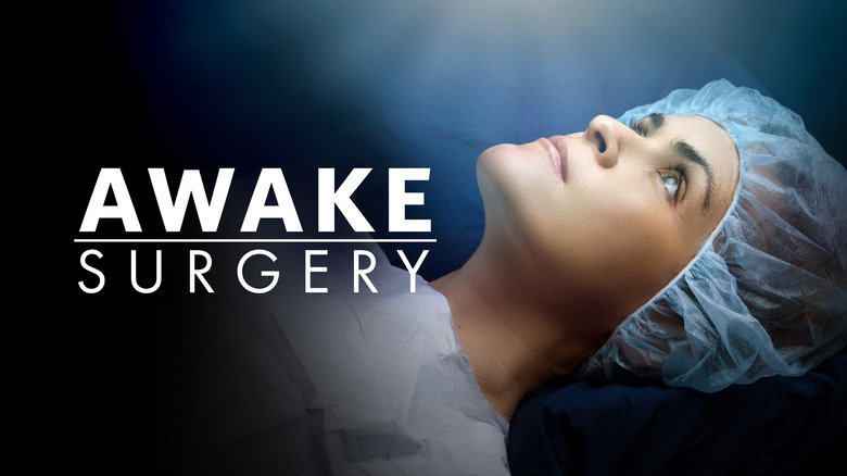 Woman with surgical cap on hospital bed in Awake Surgery promo