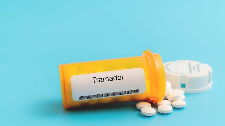 Tramadol bottle and pills in blue background