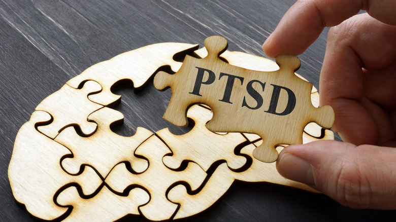 PTSD on puzzle pieces in brain shape