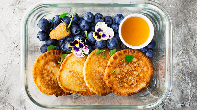 meal prepped pancakes in container