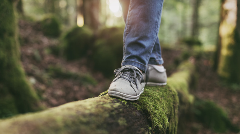 Woman balancing on log