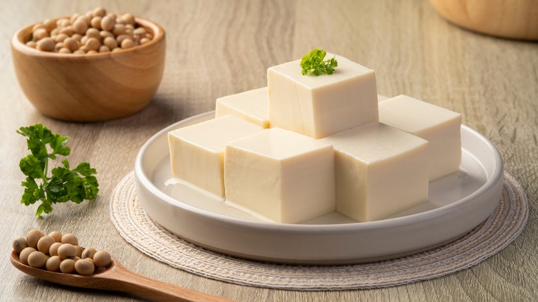 Sliced soft tofu on a plate