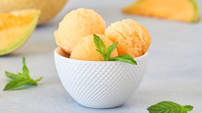 melon sherbet in white bowl 