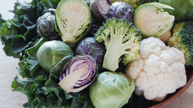 bowl of cauliflower, broccoli, and Brussels sprouts