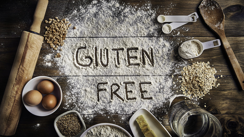Gluten free written in flour surrounded by baking ingredients