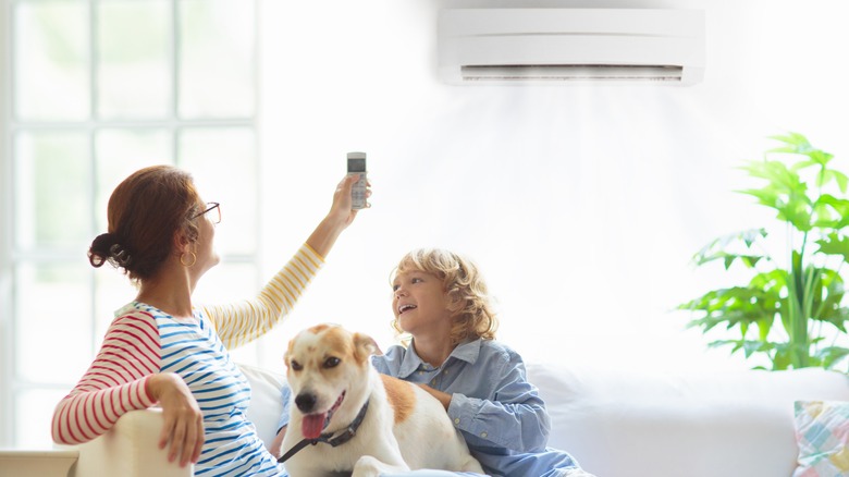 Family sitting in living room with air conditioner