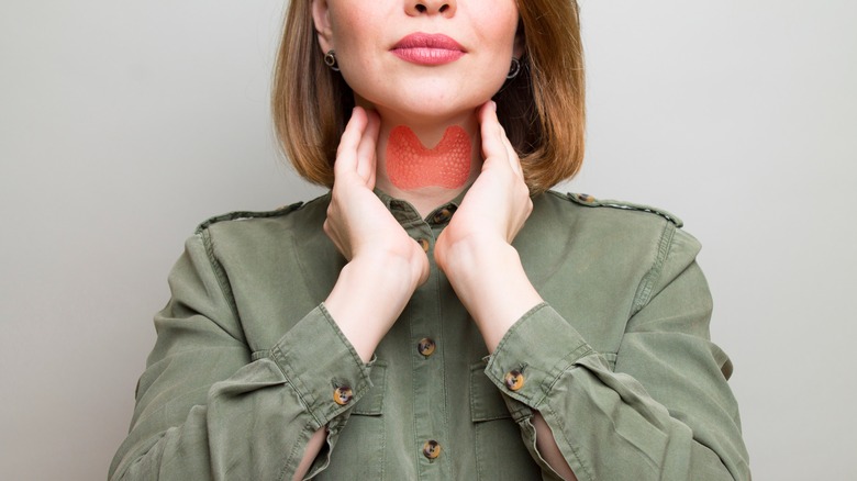 Woman checking her own thyroid gland