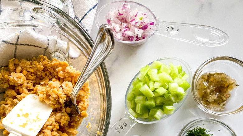 Chickpeas with onions, celery, relish, and dill