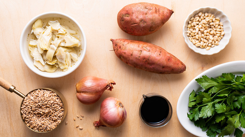 ingredients for vegan farro salad