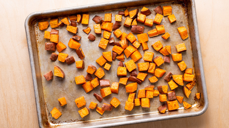 roasted sweet potatoes on baking sheet