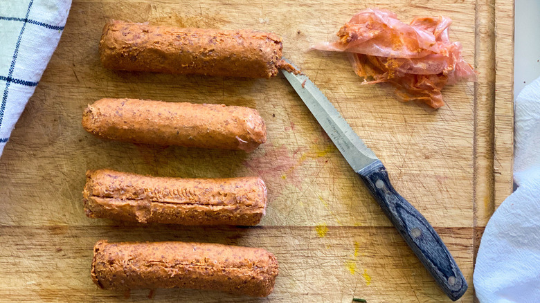 vegan sausage with casing removed