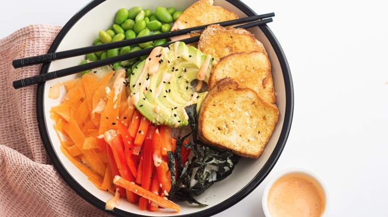 A vegan sushi bowl on a table