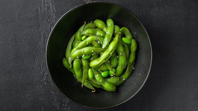 Top view of bowl with edamame