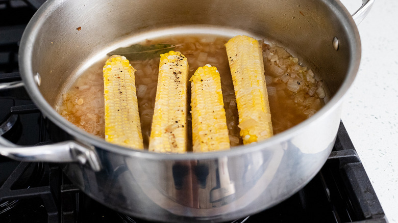 soup pot with corn chowder ingredients