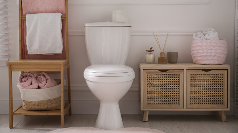 Toilet in a pink, tan and white bathroom