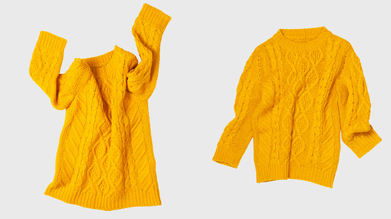 Two yellow knit sweaters on white background