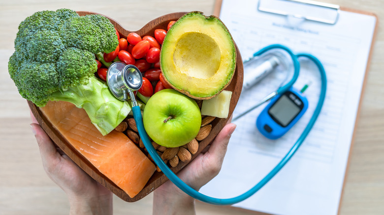 plate of vegetables and heart monitor