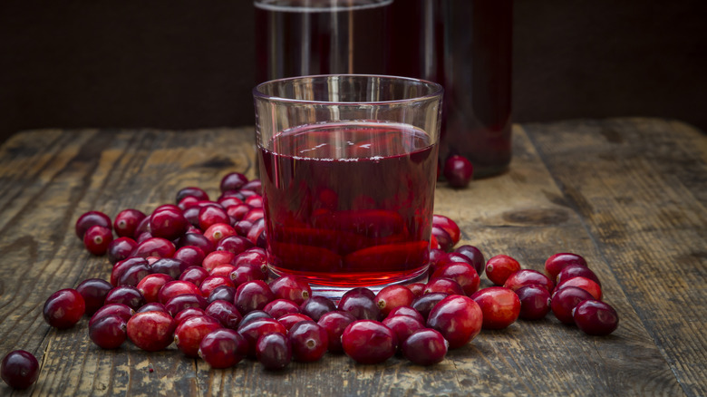 A glass of cranberry juice surrounded by cranberries