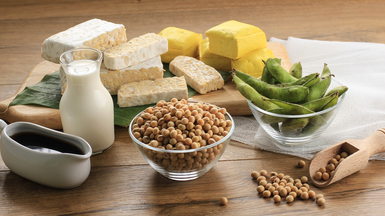 variety of soy-based foods on wooden table