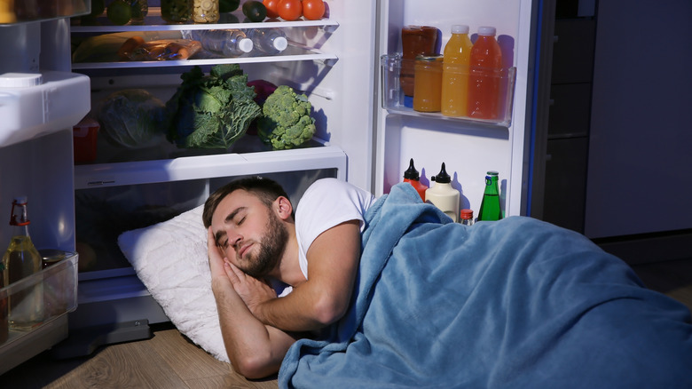 man sleeping near fridge