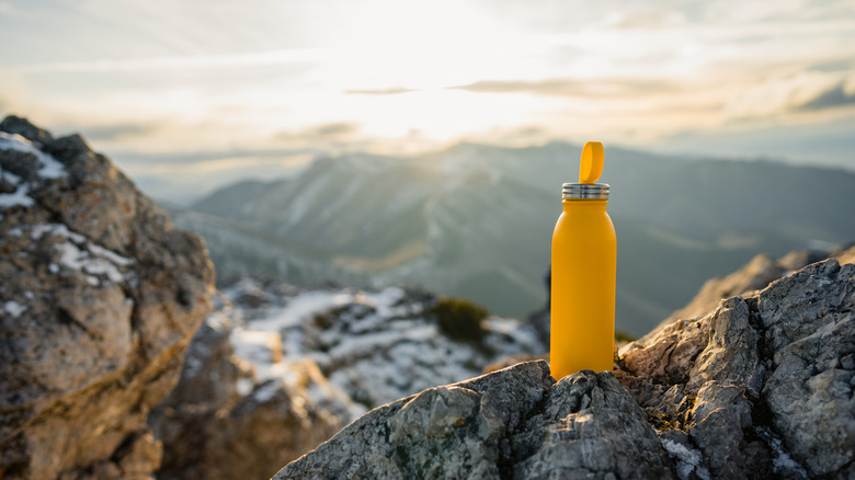 Water bottle on mountaintop
