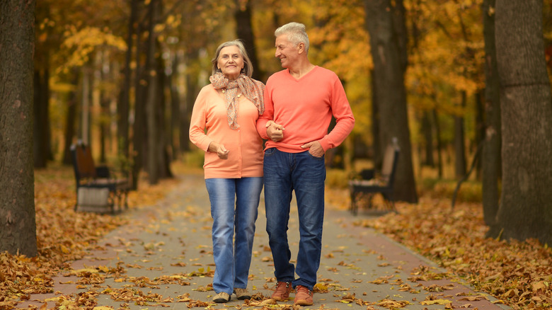 older couple walking in park