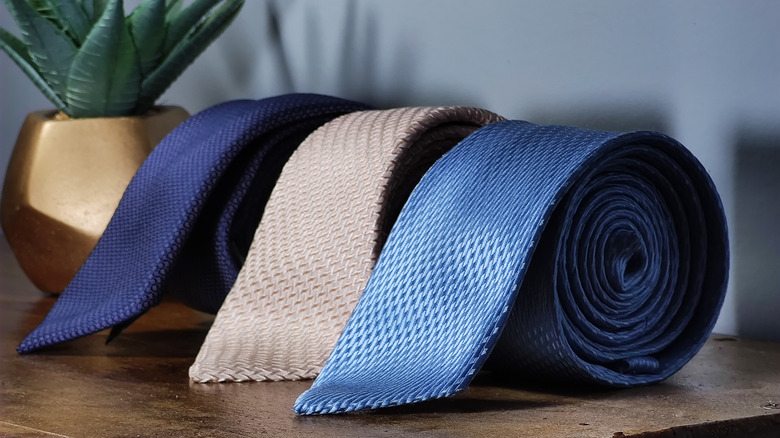 Rolls of different color neckties on table next to plant