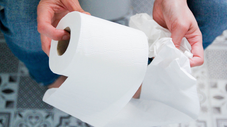 Hands pulling off toilet paper from a roll