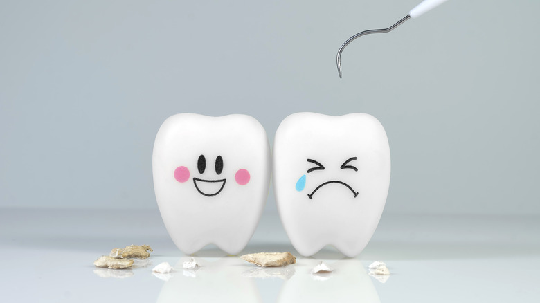 Happy tooth with no plaque and sad tooth that had plaque removed