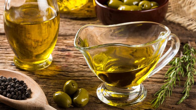 olive oil in bowl with olives