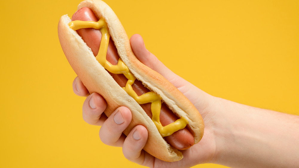 Person holding a hot dog in a bun