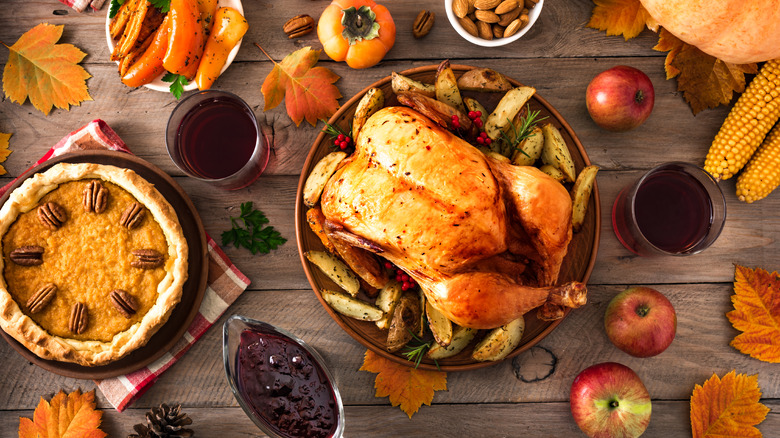 Table full of food for Thanksgiving