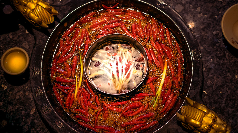 Sichuan hot pot on a dark background with gold accents