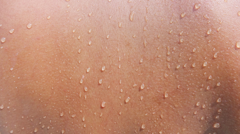 Closeup of sweat droplets on skin