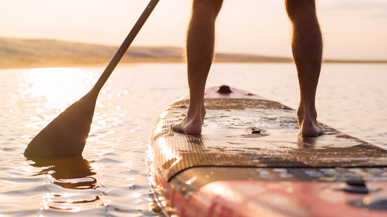 man's legs on paddleboard during sunset