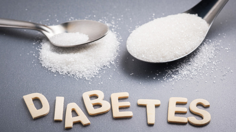 DIABETES text with teaspoon and tablespoon of sugar