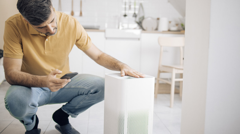 man using smartphone to adjust air purifier