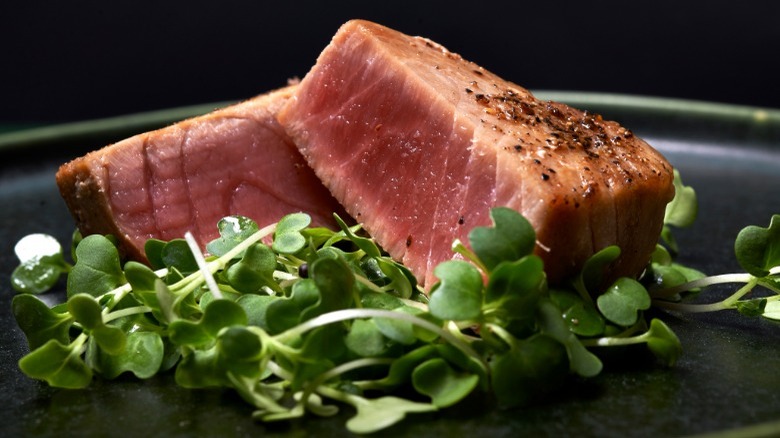 seared tuna steak on plate
