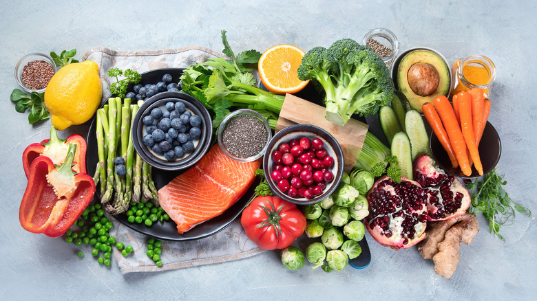 healthy foods arranged on marble countertop