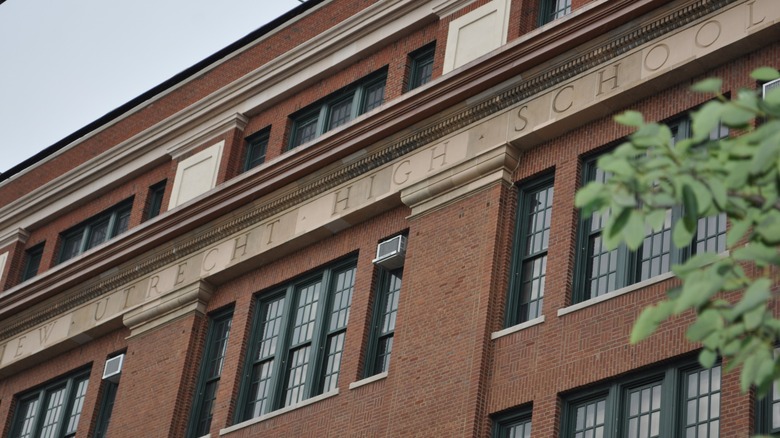 Brick facade of New Utrecht High School in Brooklyn