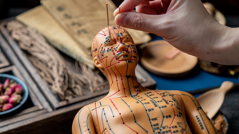 acupuncture therapy doll with pins in sites on the head