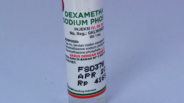 IV steroid (Dexamethosone) with purple backdrop