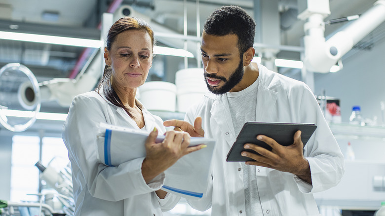 researchers comparing notes in a lab