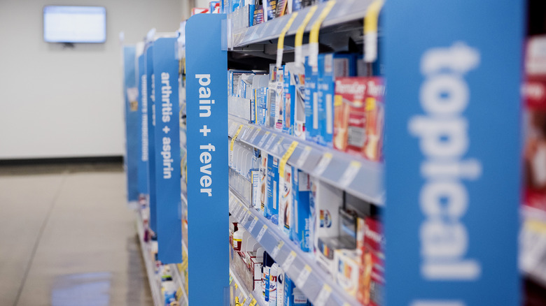 Pain relief aisle in the pharmacy 