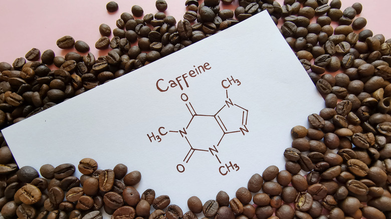 Card with the chemical composition of caffeine in a pile of coffee beans