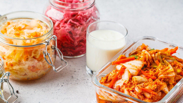 Kimchi variations and yoghurt with a white background 